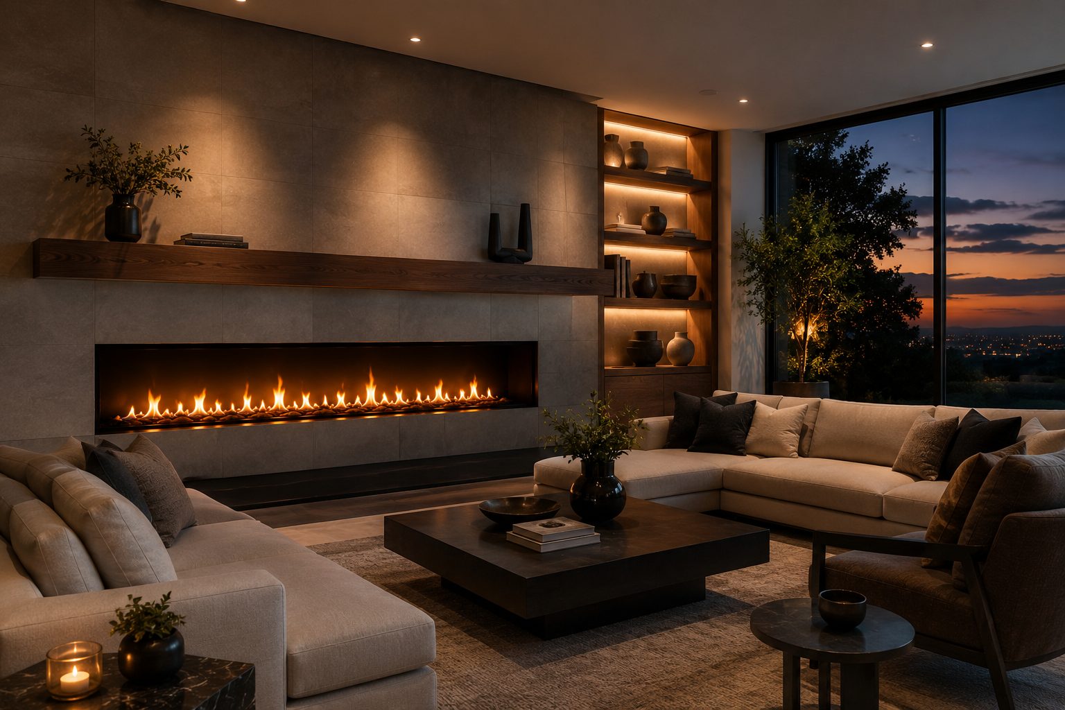 Modern linear fireplace in luxury interior