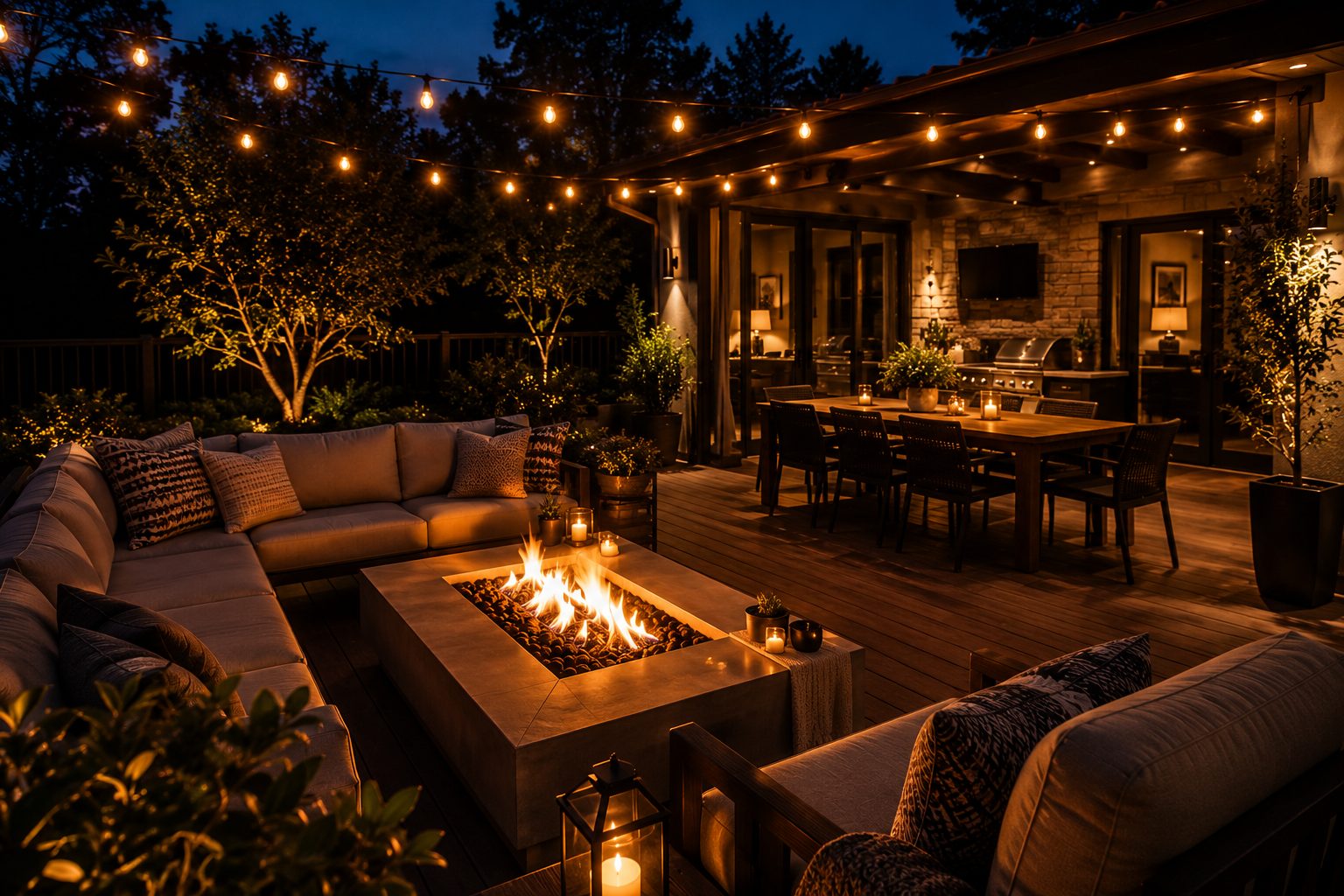 Evening outdoor space with warm ambient lighting