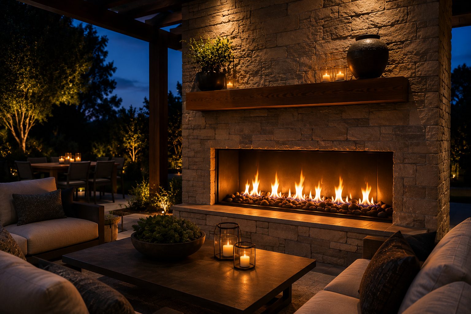 Modern outdoor fireplace at evening