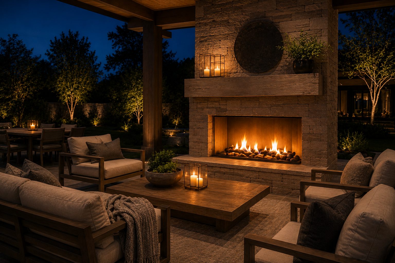 Outdoor fireplace on patio