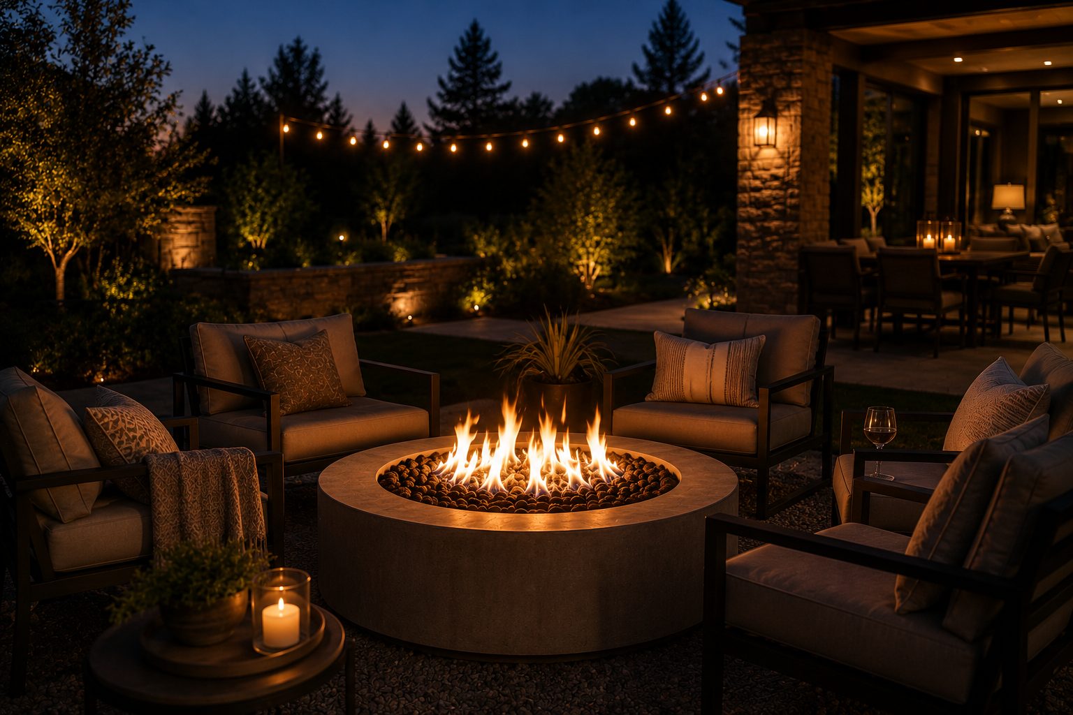 Custom stone fire pit in backyard setting